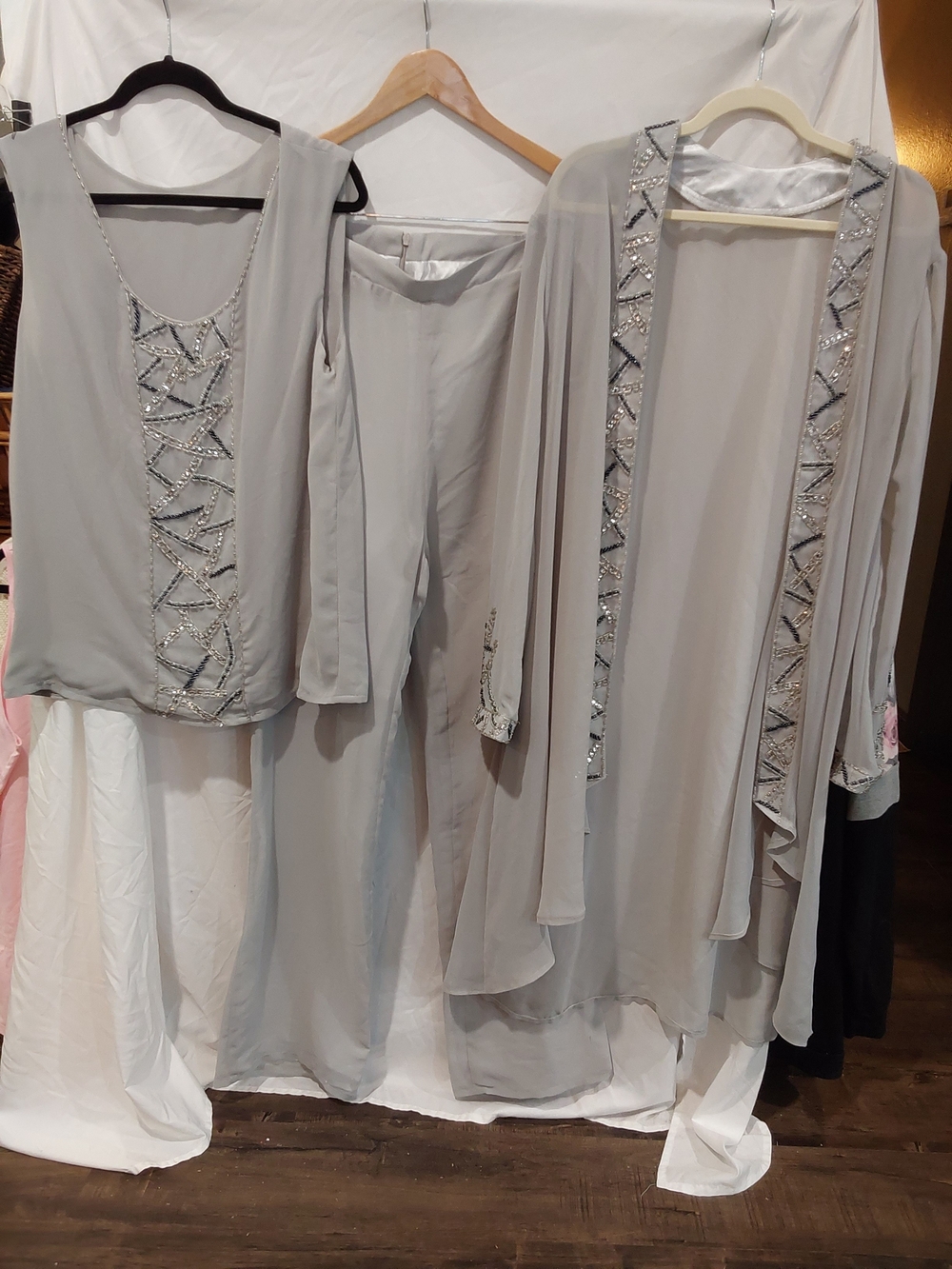 Beaded Light Gray Women's  Formal Duster Pant Set